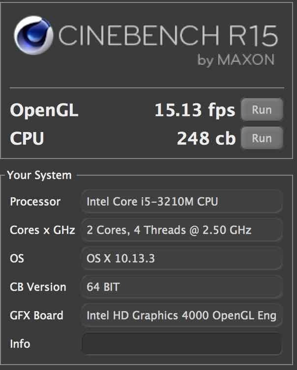 CINEBENCH R15 Late2012High Sierras OpenGL 15.13fpsACPU 248 cbƂʂ摜ł킩