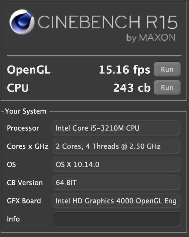 CINEBENCH R15 Late2012 Mojave̎s OpenGL 15.16fpsACPU 243 cbƂʂCPUڍׂ킩