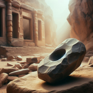 An old stone tool covered in dust, with a background of a crumbling archaeological site..png