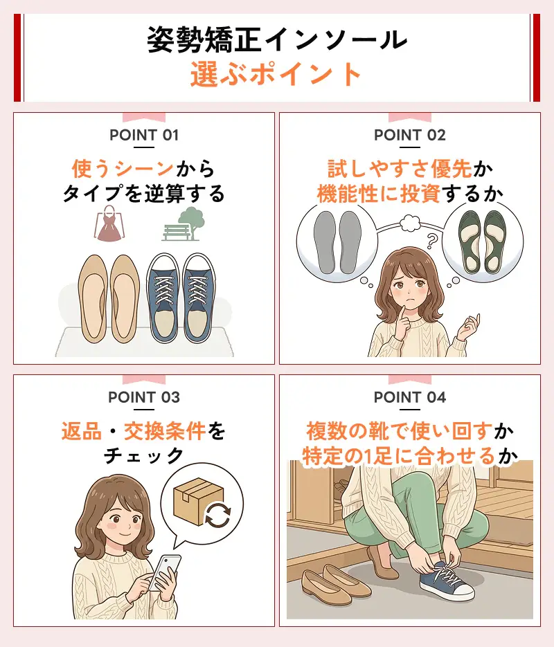 姿勢矯正インソールを選ぶときの4つのポイント