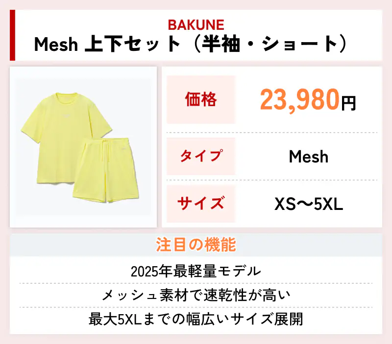 BAKUNE Mesh 上下セット（半袖・ショート）