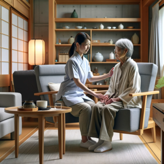 DALLEE 2024-01-14 14.56.58 - A gentle Japanese caregiver assisting an elderly Japanese person with dementia, both seated on chairs in a modern Japanese living room. The caregiver .png