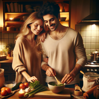 DALLEE 2023-12-13 23.32.37 - An intimate evening setting in a home, showing a couple, a White woman and a Middle-Eastern man, preparing a homemade dinner together. The kitchen is .png