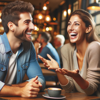 DALLEE 2024-01-10 15.26.09 - A happy man and woman engaged in a lively conversation. They are sitting at a cozy cafe, with the man leaning forward slightly, showing enthusiasm. Th.png