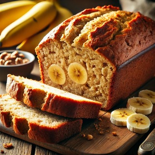 DALLEE 2024-09-17 20.45.59 - A freshly baked loaf of banana bread, golden brown and moist, sliced to reveal its soft, dense interior with pieces of ripe banana visible. The loaf i.jpg