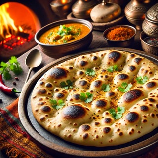 DALLEE 2024-09-18 07.09.52 - A traditional Indian naan bread being freshly baked in a tandoor oven. The naan is golden-brown with slightly charred spots, soft and fluffy in textur.jpg