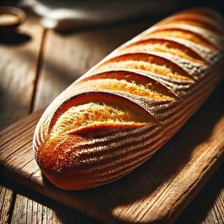 DALLEE 2024-09-18 21.41.24 - A close-up of a freshly baked French baguette, with a golden, crispy crust and soft, airy interior. The baguette is displayed on a rustic wooden cutti.jpg