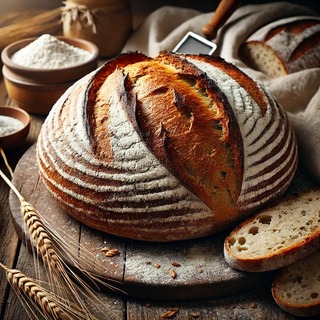 DALLEE 2024-09-19 19.44.45 - A rustic loaf of Pain de Campagne (French country bread) with a round shape and a beautifully browned, crackling crust dusted with flour. The loaf is .jpg