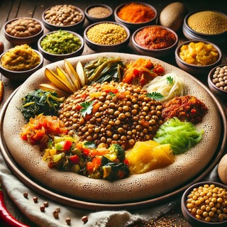 DALLEE 2024-09-19 19.45.46 - A traditional Ethiopian Injera, a large round, spongy flatbread made from teff flour. The Injera is served on a platter with various vibrant and color.jpg