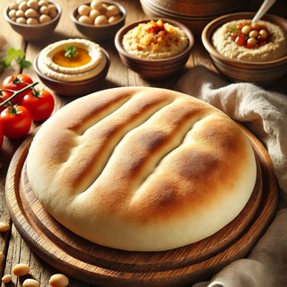 DALLEE 2024-09-21 23.14.06 - A freshly baked pita bread, round and slightly puffed with a soft, golden-brown crust. The pita is displayed on a wooden board with a few pita rounds .jpg