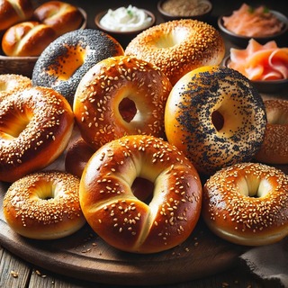 DALLEE 2024-09-22 16.19.40 - A selection of freshly baked bagels, golden-brown with a shiny crust, displayed on a wooden board. Some of the bagels are topped with sesame seeds or .jpg