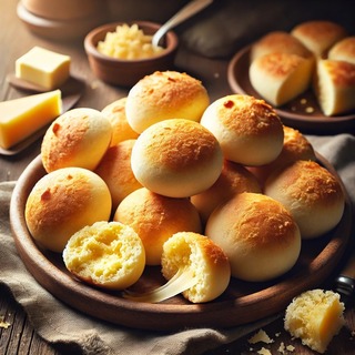 DALLEE 2024-09-26 14.40.12 - A plate of freshly baked Pão de Queijo, Brazilian cheese bread, with a golden, slightly crisp exterior and a soft, chewy interior. The small, round br.jpg