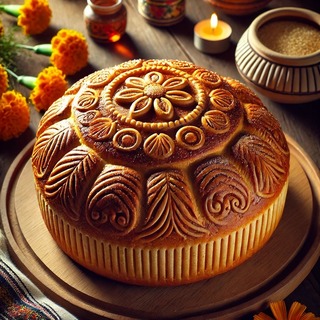 DALLEE 2024-09-27 18.03.30 - A traditional Pan de Alghuietos, a Mexican bread typically prepared for special occasions. The loaf has a round shape with a soft, golden-brown crust,.jpg