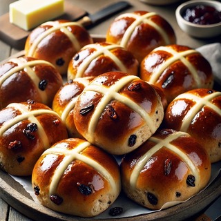 DALLEE 2024-09-28 16.31.09 - A batch of freshly baked hot cross buns with a shiny, golden-brown crust, each topped with the iconic white cross. The buns are soft and slightly fluf.jpg