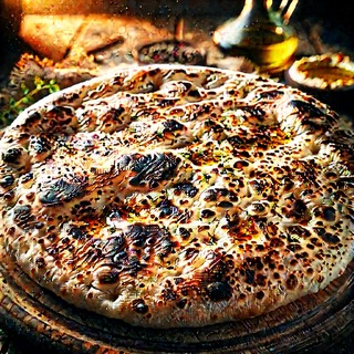 DALLEE 2024-09-29 18.32.51 - A freshly baked flatbread with a golden-brown, slightly crispy surface, featuring charred spots from the oven. The flatbread is round and rustic, disp.jpg