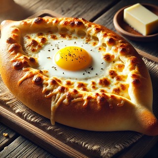 DALLEE 2024-10-02 19.22.37 - A traditional Georgian khachapuri, a boat-shaped bread filled with melted cheese and topped with a sunny-side-up egg. The crust is golden-brown and cr.jpg