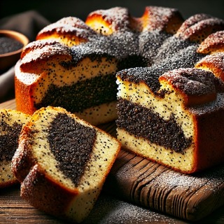 DALLEE 2024-10-14 01.09.09 - A traditional Mohnkuchen, a German poppy seed cake, with a soft, golden-brown crust and a rich, dark poppy seed filling. The cake is displayed on a ru.jpg