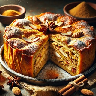 DALLEE 2024-10-14 19.32.56 - A traditional Moroccan Bastilla, a savory pie with a golden, flaky pastry crust dusted with powdered sugar and cinnamon. The pie is filled with layers.jpg