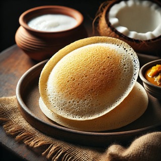 DALLEE 2024-10-17 17.55.34 - A traditional South Indian appam (hopper), with a thin, crispy outer edge and a soft, spongy center. The appam is displayed on a rustic plate, with a .jpg