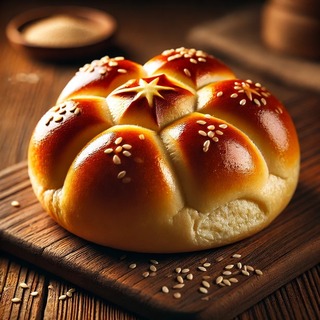 DALLEE 2024-10-18 18.30.31 - A freshly baked Kaiser roll with a beautifully golden, glossy crust, featuring the classic star-shaped pattern on top. The roll has a soft, fluffy int.jpg