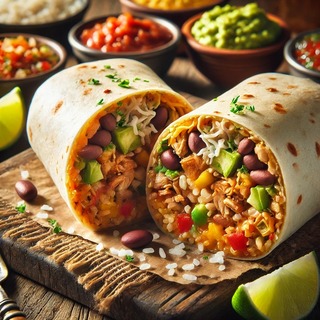 DALLEE 2024-10-22 18.43.49 - A freshly made burrito, tightly wrapped in a soft tortilla and filled with ingredients like rice, beans, shredded meat, cheese, and vegetables. The bu.jpg