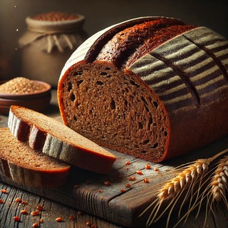 DALLEE 2024-10-23 18.42.44 - A loaf of traditional Pain de Seigle, a French rye bread with a dense, hearty crust and a soft, dark interior. The bread is sliced to reveal its rich,.jpg