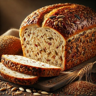 DALLEE 2024-10-24 18.51.38 - A freshly baked loaf of multiseed bread, with a golden-brown crust covered in various seeds like sesame, sunflower, flax, and poppy seeds. The bread i.jpg