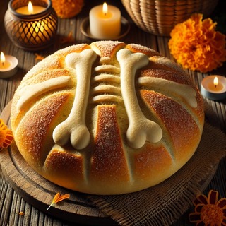 DALLEE 2024-10-25 18.08.29 - A traditional Mexican Pan de Muertos, a round, slightly golden bread with a soft, fluffy interior and decorated with bone-shaped dough on top. The bre.jpg