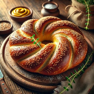 DALLEE 2024-10-25 18.38.25 - A traditional Obwarzanek Krakowski, a Polish bread with a twisted ring shape, featuring a golden-brown, slightly glossy crust sprinkled with sesame se.jpg