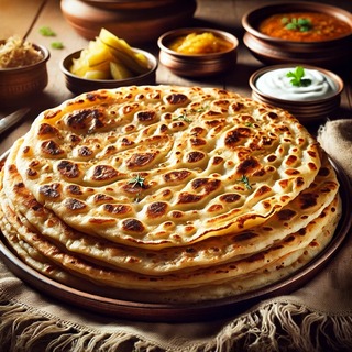 DALLEE 2024-10-27 17.00.47 - A freshly made Indian paratha, a layered, golden-brown flatbread with a crispy, flaky exterior and soft interior. The paratha is displayed on a rustic.jpg