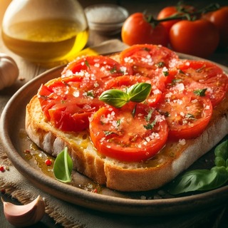 DALLEE 2024-10-27 17.00.50 - A traditional Spanish Pan con Tomate, with a slice of rustic bread topped with fresh, grated tomatoes, a drizzle of olive oil, and a sprinkle of sea s (1).jpg