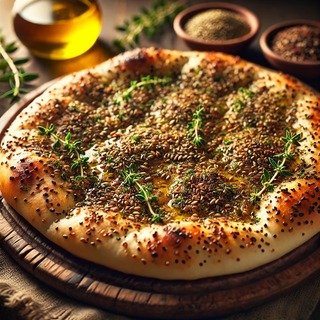 DALLEE 2024-10-28 19.48.41 - A freshly baked flatbread topped with za'atar, a traditional Middle Eastern blend of thyme, sesame seeds, and sumac. The bread has a golden, slightly .jpg