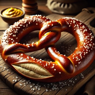 DALLEE 2024-10-31 19.00.01 - A freshly baked German Brezel (pretzel) with a deep golden-brown crust, sprinkled with coarse salt. The pretzel has a traditional twisted shape and a .jpg