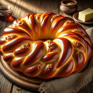 DALLEE 2024-11-04 06.27.38 - A traditional Russian Kalach bread, a round, braided loaf with a glossy, golden-brown crust and a soft, airy interior. The bread has an intricate brai.jpg