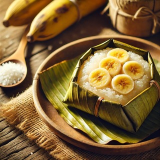 DALLEE 2024-11-15 01.09.39 - A traditional Khao Tom Mat, a Thai dessert made of sticky rice and bananas wrapped in banana leaves and steamed. The Khao Tom Mat is unwrapped and dis.jpg