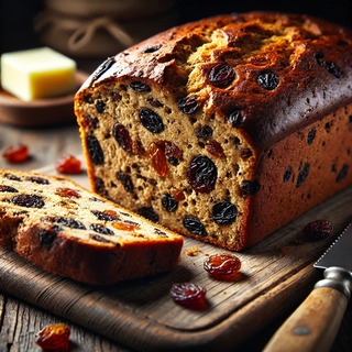 DALLEE 2024-11-15 01.09.41 - A freshly baked Bara Brith, a traditional Welsh fruit bread with a golden-brown crust and a dense, moist interior filled with dried fruits like raisin.jpg