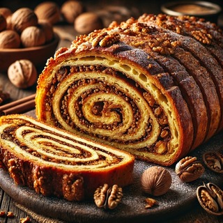 DALLEE 2024-11-16 10.59.23 - A traditional Potica, a Slovenian rolled pastry with a golden-brown crust and intricate swirls of walnut filling. The loaf is sliced to reveal its bea.jpg