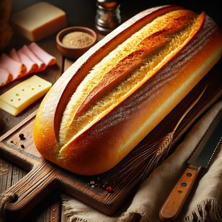 DALLEE 2024-11-16 10.59.29 - A loaf of freshly baked Cuban bread (Cubano Bread), long and golden-brown with a thin, crispy crust and a soft, fluffy interior. The bread has a chara.jpg