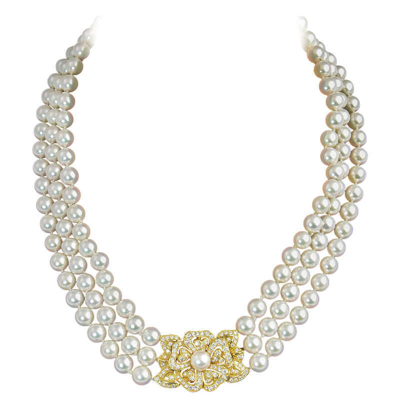 Mikimoto Triple Strand Pearl Necklace with Diamond Flower.jpg