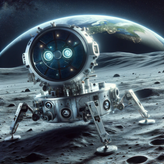 DALL·E 2024-01-25 17.34.45 - A futuristic robotic lander, 'Slim', on the moon's surface, with Earth visible in the background. Slim is depicted with a sleek and advanced design, s.png