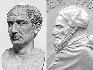 Gaius Julius Caesar et Gregorius PP. XIII, Image sources: https://commons.wikimedia.org/wiki/File:Gaius_Julius_Caesar_%28100-44_BC%29.JPG, https://commons.wikimedia.org/wiki/File:Gregory_XIII_medal.jpg