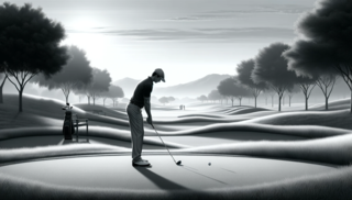 DALLEE 2023-11-29 13.41.22 - A monochrome version of the peaceful and focused golf scene with a single male golfer. The setting is the same tranquil, beautifully lit golf course, .png