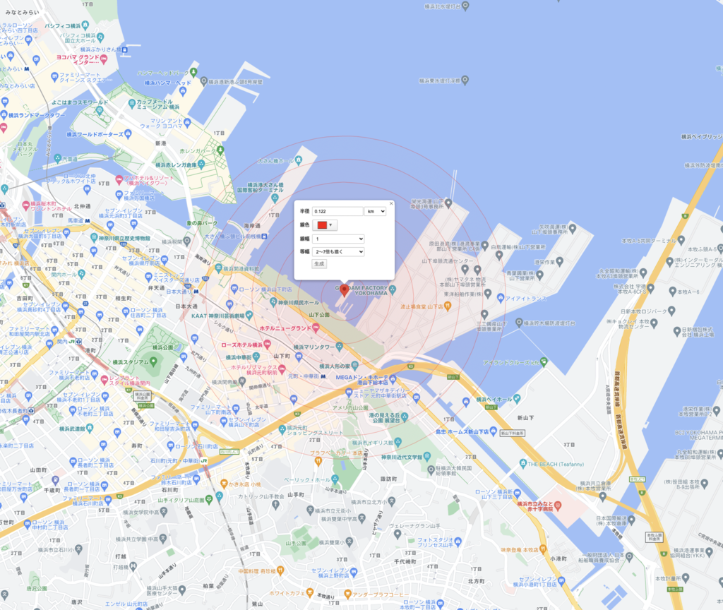 氷川丸（全長=163.3m）を中心に東京ドーム半径122ｍの同心円を書く.png