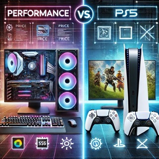 DALLEE 2024-10-04 00.05.25 - A comparison image showcasing a gaming PC and a PlayStation 5 (PS5) side by side. The gaming PC features a powerful desktop setup with RGB lighting, a.jpg