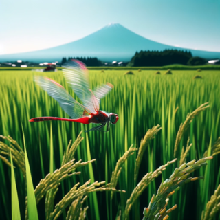 DALLEE 2023-11-03 22.07.56 - Photo of a red dragonfly in dynamic flight above a rice paddy field in rural Japan. The dragonfly's wings are caught in the motion, showing a blur tha.png